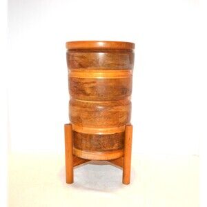 Teak Mid Century Staved Stacked Planter Catch All Conversation Piece on Stand